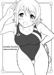Rule 34 | 10s, 1girl, absurdres, arm behind back, bare shoulders, blush, breasts, competition swimsuit, covered navel, greyscale, highres, leaning forward, looking at viewer, love live!, love live! school idol project, love live! sunshine!!, monochrome, one-piece swimsuit, open mouth, salute, serizawa (serizawaroom), short hair, smile, solo, standing, swimsuit, thigh gap, watanabe you