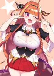Rule 34 | 1girl, absurdres, ahoge, blonde hair, blunt bangs, bow, breasts, cleavage, cleavage cutout, clothing cutout, collared shirt, diagonal-striped bow, dragon girl, dragon horns, dragon tail, fang, hairband, highres, hololive, horn bow, horn ornament, horns, kiryu coco, kiryu coco (1st costume), large breasts, long hair, looking at viewer, miniskirt, multicolored hair, one suzume, open mouth, orange hair, pleated skirt, pointy ears, red eyes, red skirt, shirt, side-tie skirt, skin fang, skirt, smile, solo, streaked hair, tail, virtual youtuber, white shirt