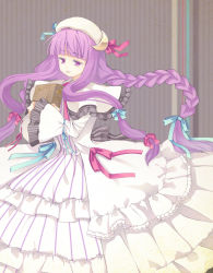 Rule 34 | 1girl, adapted costume, book, hugging book, bow, braid, crescent, crescent moon, dress, female focus, hair bow, hat, holding, holding book, long hair, moon, hugging object, patchouli knowledge, purple eyes, purple hair, solo, touhou, twin braids, watase-ya, watase rei