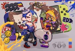 Rule 34 | 1boy, 2girls, artist name, battery indicator, big man (splatoon), black pants, blonde hair, blue hair, blue shawl, bright pupils, cephalopod eyes, chest sarashi, clenched hand, closed mouth, color guide, colored eyelashes, commentary request, crop top, earrings, eyelashes, frye (splatoon), full body, gradient hair, grey background, hachimaki, hair over one eye, harem pants, headband, holding, holding mask, inkling, jewelry, long hair, long pointy ears, looking at viewer, manma 628, mask, medium hair, multicolored hair, multiple earrings, multiple girls, navel, nejiri hachimaki, nintendo, nintendo switch, octoling, one eye closed, open mouth, paint, pants, pointy ears, purple hair, red eyes, sarashi, shawl, shiver (splatoon), simple background, smile, splatoon (series), splatoon 3, standing, star-shaped pupils, star (symbol), sticker, symbol-shaped pupils, teeth, tentacle hair, thick eyebrows, tooth earrings, torn clothes, torn pants, translation request, twitter username, two-tone hair, unworn mask, upper teeth only, white pants, white pupils, yellow eyes