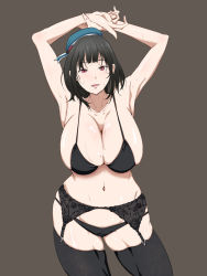 Rule 34 | 10s, 1girl, armpits, arms up, bikini, black bikini, black bra, black hair, black panties, bra, breasts, brown background, cleavage, garter belt, garter straps, hat, highres, huge breasts, kantai collection, looking at viewer, navel, panties, red eyes, simple background, solo, sweat, swimsuit, takao (kancolle), thighs, tsubooi, underwear