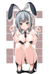 Rule 34 | 1girl, :&gt;, animal ears, bare shoulders, breasts, checkered background, collar, collarbone, fake animal ears, green eyes, grey hair, kokorono arika, large breasts, leotard, looking at viewer, necktie, original, playboy bunny, rabbit ears, smile, solo, squatting, wrist cuffs