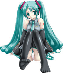 Rule 34 | arms at sides, black thighhighs, blue eyes, blue hair, hatsune miku, headset, knees together feet apart, long hair, necktie, panties, simple background, socks, solo, striped clothes, striped panties, tattoo, thighhighs, twintails, underwear, unsigned (neko), very long hair, vocaloid, white background