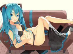 Rule 34 | black bra, black panties, black skirt, blue eyes, blue hair, blue nails, bra, breasts, cleavage, collarbone, collared shirt, commentary, dress shirt, grey shirt, hair between eyes, hair intakes, hair ornament, hatsune miku, highres, indoors, long hair, looking at viewer, lying, middle finger, nail polish, on back, onkyi, open clothes, open shirt, panties, pleated skirt, shirt, skirt, skirt around one leg, sleeveless, sleeveless shirt, small breasts, solo, toenail polish, toenails, tongue, tongue out, underwear, very long hair, vocaloid, white background, wing collar