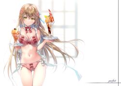 Rule 34 | 1girl, absurdres, bare shoulders, blush, bow, bow bra, bow panties, bra, breasts, closed mouth, detached collar, dual wielding, flower, food, frills, hair flower, hair ornament, highres, holding, ice cream, ice cream cup, light brown hair, long hair, looking at viewer, medium breasts, miwabe sakura, navel, original, panties, parfait, pink bra, pink panties, plate, ribbon, scan, simple background, smile, solo, stomach, thighs, underwear, window, yellow eyes