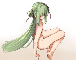 Rule 34 | 1girl, arm at side, barefoot, blunt bangs, blunt ends, blush, breasts, commentary, completely nude, feet, foot out of frame, from side, green hair, hair ribbon, highres, honotuki, legs, long hair, looking at viewer, midair, murasame (senren), nipples, nude, open mouth, red eyes, red ribbon, ribbon, senren banka, sideboob, sidelocks, simple background, sitting, small breasts, smile, soles, solo, straight hair, thighs, toes, two side up, very long hair, white background