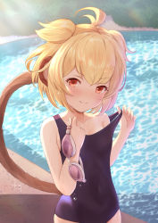 Rule 34 | 1girl, andira (granblue fantasy), animal ears, antenna hair, bare shoulders, blonde hair, blue one-piece swimsuit, blush, closed mouth, clothes pull, crossed bangs, erune, goggles, granblue fantasy, hair between eyes, highres, holding, holding goggles, holding removed eyewear, kimblee, looking at viewer, monkey ears, monkey tail, one-piece swimsuit, one-piece swimsuit pull, pool, purple-tinted eyewear, red eyes, school swimsuit, short hair, skindentation, smile, solo, split mouth, swimsuit, tail, tinted eyewear, unworn eyewear, unworn goggles, water