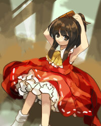 Rule 34 | 1girl, ascot, brown hair, brushing hair, closed mouth, collared shirt, comb, commentary request, dress, flat chest, frilled ascot, frills, hakurei reimu, holding, holding comb, kaigen 1025, long hair, petticoat, red shirt, red skirt, ribbon-trimmed dress, shirt, sitting, skirt, sleeveless, sleeveless shirt, socks, solo, touhou, tying hair, white socks, yellow ascot