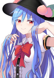 Rule 34 | 1girl, black hat, blue hair, blush, bow, bowtie, buttons, closed mouth, e.o., fingernails, food, fruit, hair between eyes, hat, highres, hinanawi tenshi, long hair, peach, puffy short sleeves, puffy sleeves, red bow, red bowtie, red eyes, shirt, short sleeves, simple background, smile, solo, touhou, upper body, white background, white shirt
