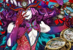 Rule 34 | 1boy, abs, armpits, aves plumbum9, blue background, blue eyes, blue lips, butterfly ornament, cape, center opening, checkered background, clock, clown, colored skin, commentary request, crazy eyes, crazy smile, curly hair, demon boy, eyelashes, fangs, fate/grand order, fate (series), fur-trimmed cape, fur collar, fur trim, gloves, hand on own face, hat, headpiece, highres, holding, holding weapon, horns, lipstick, makeup, male focus, medium hair, mephistopheles (fate), multicolored eyes, muscular, painttool sai (medium), pectoral cleavage, pectorals, purple eyes, purple hair, red background, scissors, smile, solo, teardrop, teeth, thick eyebrows, tick tock bomb, twitter username, unzipped, weapon, white skin