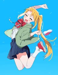 Rule 34 | 1girl, arm up, blonde hair, blue skirt, blush, bocchi the rock!, bow, bowtie, clenched hands, closed eyes, green jacket, hand up, highres, hood, hood down, hooded jacket, ijichi nijika, jacket, jumping, kihamu 11, long hair, long sleeves, open clothes, open jacket, open mouth, pleated skirt, polka dot bowtie, red bow, red bowtie, red footwear, shirt, shoes, side ponytail, skirt, smile, sneakers, socks, solo, v-shaped eyebrows, white shirt, white socks