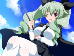 Rule 34 | 10s, 1girl, ;d, anchovy (girls und panzer), blush, breasts, cape, crossed legs, dress shirt, drill hair, girls und panzer, green hair, hair ribbon, highres, large breasts, long hair, long sleeves, looking at viewer, necktie, oborotsuki kakeru, one eye closed, open mouth, pantyhose, red eyes, ribbon, riding crop, shirt, sitting, smile, solo, twin drills, twintails, uniform, white pantyhose, white shirt