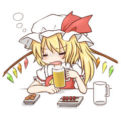 Rule 34 | 1girl, ascot, beer mug, blonde hair, blush, cup, dress, drunk, closed eyes, fang, female focus, flandre scarlet, food, hachimi, hat, hat ribbon, mug, open mouth, plate, red dress, ribbon, shirt, solo, touhou, wavy mouth, wings