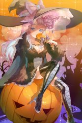 Rule 34 | absurdres, black dress, black footwear, black hat, blue eyes, boots, bow, breasts, candy, cleavage, collarbone, dress, eyebrows hidden by hair, food, halloween, hat, hat bow, high heels, highres, holding, holding candy, holding food, holding lollipop, jack-o&#039;-lantern, karupisusawa, lollipop, medium breasts, nijisanji, nijisanji kr, nun bora, purple bow, sky, sleeves past fingers, sleeves past wrists, smile, solo, star (sky), starry sky, thigh boots, thighhighs, virtual youtuber, witch hat