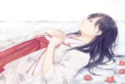 Rule 34 | 1girl, animal print, bird, bird print, black hair, bow, camellia, chihaya (clothing), closed eyes, closed mouth, commentary request, crane (animal), flat chest, flower, hair flower, hair ornament, hakama, hand over heart, hands on own chest, japanese clothes, kimono, long hair, long sleeves, lying, miko, on back, on ground, original, outdoors, own hands together, profile, red bow, red flower, red hakama, red ribbon, ribbon, sleeping, snow, solo, straight hair, upper body, white background, white kimono, wide sleeves, yuki yanagi (toumeikurage)