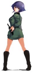 Rule 34 | 10s, 1girl, anzio military uniform, belt, black footwear, black hair, black shirt, boots, braid, brown eyes, closed mouth, from behind, full body, girls und panzer, grey jacket, grey skirt, hand on own hip, highres, jacket, knee boots, knife, light smile, long sleeves, looking at viewer, looking back, military, military uniform, miniskirt, mityubi, pencil skirt, pepperoni (girls und panzer), shirt, short hair, side braid, skirt, solo, standing, transparent background, uniform