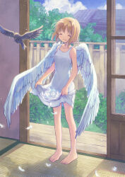 Rule 34 | 1girl, :d, ^ ^, air (visual novel), angel wings, architecture, bare arms, barefoot, bird, blonde hair, blue sky, closed eyes, clothes lift, cloud, collarbone, commentary request, crow, day, dress, dress lift, east asian architecture, feathered wings, feathers, feet, fence, full body, hair intakes, hikari67, indoors, kamio misuzu, lifting own clothes, nail polish, open mouth, short hair, sky, smile, solo, spoilers, sundress, tatami, toenail polish, toenails, toes, tree, white feathers, white wings, wings