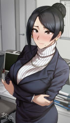Rule 34 | 1girl, bijin onna joushi takizawa-san, black hair, blush, brown eyes, business suit, crossed arms, eyelashes, formal, hair bun, highres, jewelry, looking at viewer, mole, mole under mouth, necklace, office, office lady, pencil skirt, sgk, single hair bun, skirt, skirt suit, smile, solo, suit, takizawa kyouko, turtleneck, upper body