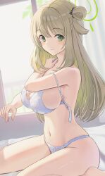 Rule 34 | 1girl, absurdres, bare arms, bare legs, bare shoulders, barefoot, blue archive, blush, bow, bra, breasts, brown hair, closed mouth, green eyes, hair bow, hair bun, halo, highres, indoors, large breasts, long hair, looking at viewer, may9, navel, nonomi (blue archive), on bed, panties, sitting, skindentation, smile, solo, stomach, strap slip, thighs, underwear, underwear only, undressing, wariza, white bra, window