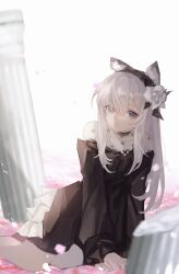 Rule 34 | 1girl, absurdres, animal ears, arknights, arm support, black dress, black hairband, blue eyes, column, dress, feet out of frame, flower, hair between eyes, hair flower, hair ornament, hairband, heavyrain (arknights), heavyrain (tranquil moss) (arknights), highres, horse ears, long hair, long sleeves, looking at viewer, parted lips, pillar, ponytail, sidelocks, solo, tutututu, white flower, white hair