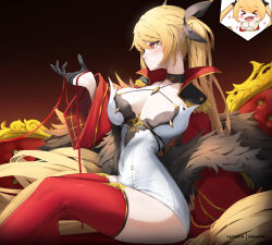 Rule 34 | &gt; &lt;, 1girl, absurdly long hair, artist name, azur lane, black choker, black gloves, blonde hair, breasts, breasts apart, cape, choker, cleavage, covered navel, dress, epaulettes, feet out of frame, fur-trimmed cape, fur trim, gloves, gradient background, half gloves, high collar, large breasts, long hair, microdress, nelson (azur lane), nelson (retrofit) (azur lane), orange eyes, red thighhighs, retrofit (azur lane), simple background, solo, sonaworld, string, string of fate, taut clothes, taut dress, thighhighs, thought bubble, twintails, very long hair, white dress, zettai ryouiki