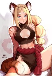 Rule 34 | 1girl, :/, animal ear fluff, animal ears, artist name, bare shoulders, blonde hair, blue eyes, breasts, cleavage cutout, clothing cutout, commentary, crop top, hair intakes, halterneck, long hair, looking at viewer, maewix (artist), medium breasts, midriff, navel, original, sitting, sleeveless, solo, spread legs, tail, thick eyebrows, thighs, tiger ears, tiger girl, tiger tail, very long hair, wrist wrap
