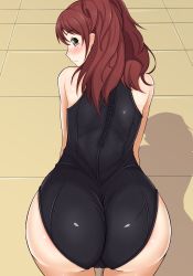 Rule 34 | 1girl, alfort (may0508), all fours, ass, bare shoulders, blush, brown eyes, brown hair, huge ass, kujikawa rise, long hair, looking at viewer, looking back, one-piece swimsuit, persona, persona 4, presenting, raised eyebrow, shadow, smile, solo, swimsuit
