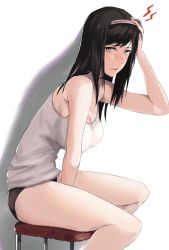 Rule 34 | 1girl, black hair, blush, breasts, cleavage, hairband, large breasts, long hair, looking at viewer, ogros, original, sitting, sleeveless, solo, tank top, thighs, yellow eyes