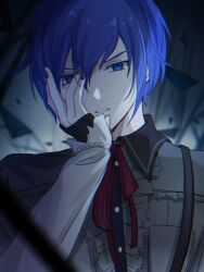 Rule 34 | 1boy, 25-ji kaito, 25-ji nightcord de. (project sekai), blue eyes, blue hair, blue nails, collared shirt, colored eyelashes, commentary request, frills, hair between eyes, highres, kaito (vocaloid), long sleeves, male focus, neck ribbon, project sekai, rainey, red ribbon, ribbon, shirt, short hair, solo, teeth, vocaloid