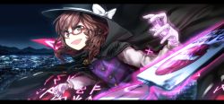 Rule 34 | 1girl, border, brown eyes, brown hair, cape, cityscape, clothes writing, dress, glasses, gloves, glowing, hat, hat ribbon, long sleeves, looking away, low twintails, night, open mouth, plaid, plaid dress, red-framed eyewear, ribbon, rwk (11737225), smile, solo, touhou, twintails, upper body, usami sumireko, vest, white gloves