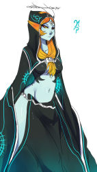 Rule 34 | 1girl, blue skin, breasts, colored sclera, colored skin, forehead jewel, front ponytail, highres, hood, legs, long hair, long skirt, long sleeves, maniacpaint, midna, midna (true), navel, nintendo, no panties, orange hair, red eyes, side slit, skirt, solo, spoilers, the legend of zelda, the legend of zelda: twilight princess, yellow sclera