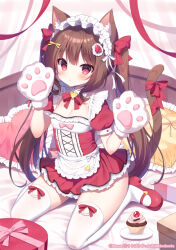Rule 34 | 1girl, :o, animal ear fluff, animal ears, animal hands, bed, blush, bow, box, brown hair, cat ears, cat girl, cat tail, commentary request, cupcake, dress, food, frilled dress, frilled pillow, frills, gift, gift box, gloves, hair between eyes, hair bow, hands up, heart, heart-shaped pillow, long hair, looking at viewer, mauve, on bed, original, parted lips, paw gloves, pillow, plate, pleated dress, puffy short sleeves, puffy sleeves, red bow, red dress, red eyes, red footwear, shoes, short sleeves, sitting, solo, tail, tail bow, tail ornament, thighhighs, twintails, very long hair, wariza, white gloves, white thighhighs