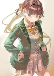 Rule 34 | 1girl, blazer, blunt bangs, blush, bow, bowtie, brown hair, buttons, closed mouth, collared shirt, cowboy shot, green jacket, hair behind ear, hair bow, hand in pocket, hand on own hip, highres, jacket, legs apart, long hair, looking at viewer, nik ibi, original, pink skirt, pleated skirt, ponytail, school uniform, shirt, sidelocks, skirt, solo, thighs, vest, white shirt, white vest, yellow bow, yellow bowtie, yellow eyes