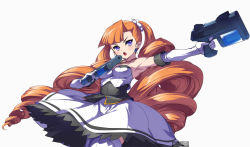 Rule 34 | 1girl, akaga hirotaka, aq interactive, arcana heart, arcana heart 2, armpits, atlus, bare shoulders, blue eyes, blush, breasts, cleavage, dress, drill hair, dual wielding, earrings, elbow gloves, examu, female focus, gloves, gun, holding, jewelry, long hair, necklace, official art, open mouth, orange hair, petra johanna lagerkvist, simple background, small breasts, solo, thighhighs, twin drills, very long hair, watermark, weapon, white background, white thighhighs