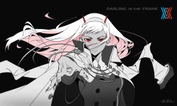 Rule 34 | 1girl, absurdres, arm up, artist name, black background, breasts, closed mouth, collar, copyright name, darling in the franxx, fingernails, foreshortening, hairband, highres, horns, long fingernails, long hair, looking at viewer, monochrome, nail, oni horns, pink hair, red eyes, red horns, sharp fingernails, simple background, solo, stretched limb, uniform, upper body, zero two (darling in the franxx), zzl