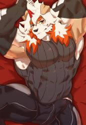 Rule 34 | 1boy, abs, absurdres, animal ears, arknights, bad id, bad pixiv id, bara, blush, bulge, dog boy, dog ears, erection, erection under clothes, furry, furry male, highres, horns, hung (arknights), istani, large pectorals, male focus, multicolored hair, muscular, nipples, orange hair, paid reward available, pectorals, single horn, solo, streaked hair, topless male, white hair, yellow eyes