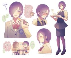Rule 34 | 2girls, black footwear, black legwear, black necktie, black vest, blush, bottle, bow, bowtie, brown shirt, brown skirt, chair, collared shirt, commentary request, cropped shoulders, cup, from side, full body, hair over one eye, heart, holding, holding tray, kirishima touka, kosaka yoriko, multiple girls, nabe-box, necktie, notice lines, pantyhose, pencil skirt, profile, purple hair, red bow, red bowtie, school uniform, shirt, shoes, short hair, skirt, speech bubble, steam, table, tokyo ghoul, translation request, tray, vest, water bottle