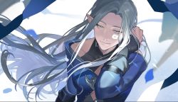 Rule 34 | 1girl, blue coat, blurry, chinese commentary, coat, collarbone, commentary request, depth of field, elezen, elf, final fantasy, final fantasy xiv, grey eyes, grey hair, tucking hair, hand up, highres, jiayeshisanlunncfen, long hair, pointy ears, smile, solo, tears, upper body, white background, ysayle dangoulain