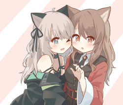 Rule 34 | 2girls, absurdres, ahoge, animal ears, arknights, black jacket, black necktie, black ribbon, black shirt, blush, breasts, brown hair, cat ears, cheek-to-cheek, chestnut mouth, collared shirt, green eyes, grey hair, hair ribbon, heads together, highres, jacket, long hair, long sleeves, mint (arknights), multiple girls, necktie, off shoulder, open clothes, open jacket, open mouth, pink background, red jacket, ribbon, ryoku sui, shirt, skyfire (arknights), small breasts, striped, striped background, two-tone background, undershirt, upper body, vertical-striped clothes, vertical-striped necktie, white background, white shirt, wide sleeves, yellow eyes, yuri