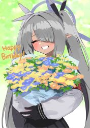 1girl aji_aji_nori armband birthday black_gloves black_skirt blue_archive blue_flower blush bouquet closed_eyes commentary dark-skinned_female dark_skin flower gloves grey_hair grin hair_over_one_eye hair_ribbon halo happy_birthday highres holding holding_bouquet iori_(blue_archive) long_hair long_sleeves orange_flower pointy_ears red_armband ribbon sidelocks simple_background skirt smile solo symbol-only_commentary twintails yellow_flower