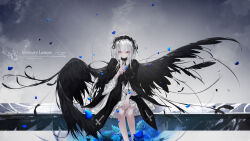 Rule 34 | 1girl, absurdres, black collar, black dress, black hairband, black ribbon, black wings, blue flower, blue rose, blunt bangs, breasts, character name, closed mouth, collar, commentary, cross print, detached collar, dress, eps3rd, expressionless, feathered wings, feathers, feet out of frame, fingernails, flower, frilled dress, frilled hairband, frills, gothic lolita, hair ribbon, hairband, highres, layered dress, lolita fashion, lolita hairband, long hair, looking at viewer, neck ribbon, petals, red eyes, ribbon, rose, rozen maiden, sitting, small breasts, solo, suigintou, white dress, wings