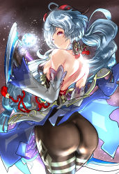 Rule 34 | 1girl, ahoge, ass, bare shoulders, blue hair, blush, bodysuit, bravioda, breasts, detached sleeves, from behind, ganyu (genshin impact), genshin impact, gloves, highres, horns, long hair, looking at viewer, pantyhose, red eyes, shiny clothes, shiny skin, sideboob, smile, solo, very long hair, waist cape