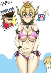 Rule 34 | 1girl, absurdres, bare shoulders, bikini, blonde hair, blue eyes, blush, bowsette, bracelet, breasts, cleavage, collar, crown, dress, earrings, face of the people who sank all their money into the fx (meme), highres, horns, jewelry, large breasts, looking at viewer, mario, mario (series), meme, navel, nintendo, ponytail, princess peach, ryle, smile, spiked bracelet, spiked collar, spikes, super crown, swimsuit