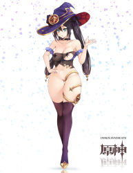 Rule 34 | 1girl, :o, absurdres, alternate breast size, bare shoulders, belt, black choker, black hair, black thighhighs, bottomless, breasts, choker, collarbone, curvy, genshin impact, gluteal fold, gold, gold trim, green eyes, groin, gs (onsen syndicate), hand on own hip, hand up, hat, highres, large breasts, mona (genshin impact), navel, no pussy, parted lips, pasties, purple belt, revealing clothes, skindentation, solo, star pasties, stomach, thick thighs, thigh gap, thighhighs, thighlet, thighs, twintails, witch hat