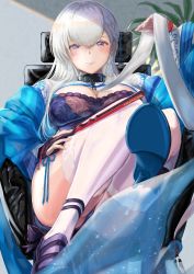 Rule 34 | 1girl, absurdres, alternate costume, azur lane, belfast (azur lane), belfast (iridescent rosa) (azur lane), belfast (iridescent rosa) (azur lane), blue dress, blue eyes, blue footwear, blue panties, blush, braid, breasts, broken, broken chain, chain, china dress, chinese clothes, cleavage, collar, dress, earrings, folded fan, folding fan, foot up, french braid, gloves, hand fan, hand on own thigh, heart, heart earrings, high heels, highres, holding, holding fan, jewelry, large breasts, long hair, looking at viewer, panties, partially fingerless gloves, sankyo (821-scoville), single glove, sitting, smile, solo, thighhighs, thighs, underwear, white hair, white thighhighs