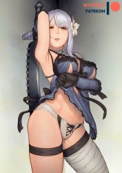 Rule 34 | 1girl, bandaged leg, bandages, black gloves, black ribbon, braid, breasts, commentary, elbow gloves, flower, gloves, hair flower, hair ornament, holding, holding sword, holding weapon, kaine (nier), large breasts, lingerie, looking at viewer, mystra77, navel, negligee, nier (series), panties, parted lips, patreon logo, ribbon, solo, sword, thigh strap, underwear, weapon, white hair, white panties