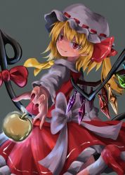 Rule 34 | 1girl, :3, apple, ascot, blonde hair, chups, closed mouth, colored eyelashes, crystal, fang, flandre scarlet, food, from side, fruit, golden apple, grey background, hat, hat ribbon, highres, holding, laevatein (touhou), long sleeves, looking at viewer, mob cap, nail polish, one side up, pointy ears, red eyes, red footwear, red nails, red ribbon, red skirt, red vest, ribbon, ribbon-trimmed headwear, ribbon trim, shirt, short hair, simple background, skirt, smile, solo, touhou, vest, white hat, white legwear, white shirt, wings, yellow ascot