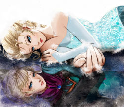 Rule 34 | 1girl, bare shoulders, blonde hair, blue eyes, braid, bridal gauntlets, brooch, cloak, detached sleeves, different reflection, dual persona, elsa (frozen), esther shen, eyelashes, foreshortening, frozen (disney), hair ornament, jewelry, lips, long hair, looking at viewer, looking down, lying, making-of available, nose, on side, reflection, sad, sequins, single braid, snowflake hair ornament, snowflakes, solo, sparkle print, tiara
