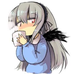 Rule 34 | 1girl, blush, croixsan, cup, drinking, female focus, half-closed eyes, long hair, mug, red eyes, silver hair, simple background, solo, steam, white background