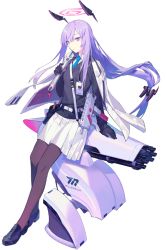 Rule 34 | 1girl, blue archive, drone, floating, floating object, gloves, gun, headgear, jacket, jacket on shoulders, long hair, low-tied long hair, mac-10/11, official art, pantyhose, purple eyes, purple hair, school uniform, shoes, skirt, solo, submachine gun, transparent background, utaha (blue archive), very long hair, weapon, wrench, yamakawa